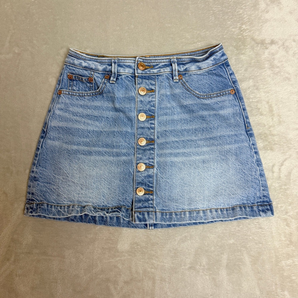 American Eagle Super Hi-Rise A-Line Mini Skirt Women 0 Blue Denim Button Fly